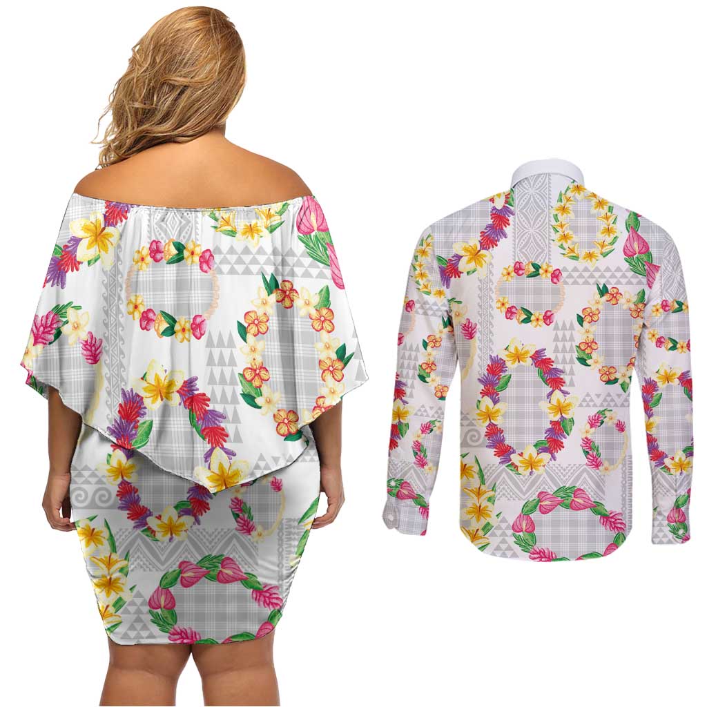 Hawaiian Kakau Tattoo Leis and Palaka Pattern Couples Matching Off Shoulder Short Dress and Long Sleeve Button Shirt Traditional Aloha Tribal White Color LT03 - Polynesian Pride