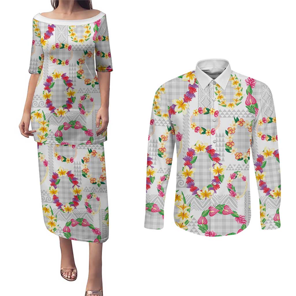 Hawaiian Kakau Tattoo Leis and Palaka Pattern Couples Matching Puletasi and Long Sleeve Button Shirt Traditional Aloha Tribal White Color LT03 White - Polynesian Pride