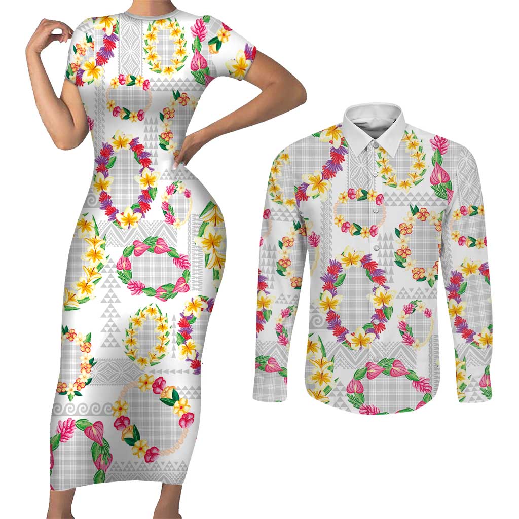 Hawaiian Kakau Tattoo Leis and Palaka Pattern Couples Matching Short Sleeve Bodycon Dress and Long Sleeve Button Shirt Traditional Aloha Tribal White Color LT03 White - Polynesian Pride