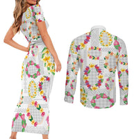 Hawaiian Kakau Tattoo Leis and Palaka Pattern Couples Matching Short Sleeve Bodycon Dress and Long Sleeve Button Shirt Traditional Aloha Tribal White Color LT03 - Polynesian Pride