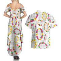Hawaiian Kakau Tattoo Leis and Palaka Pattern Couples Matching Summer Maxi Dress and Hawaiian Shirt Traditional Aloha Tribal White Color LT03 - Polynesian Pride