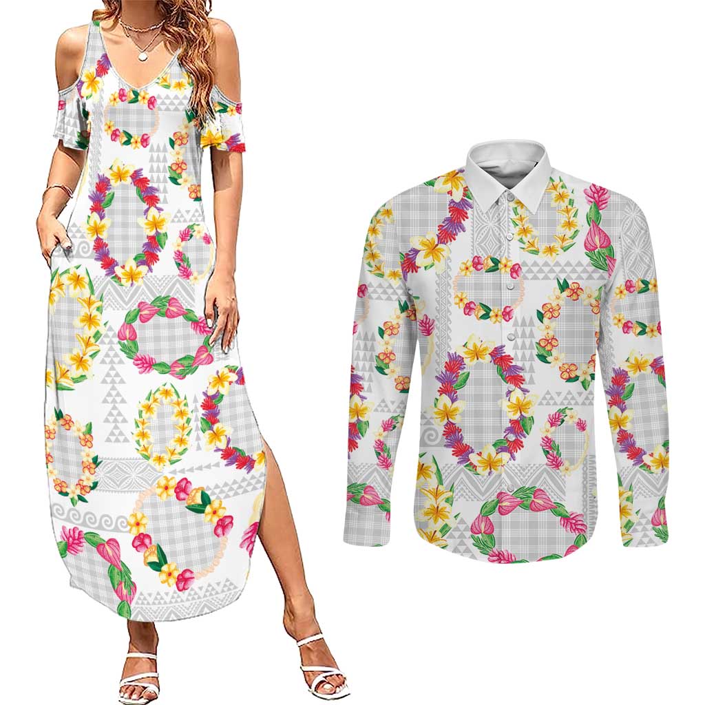 Hawaiian Kakau Tattoo Leis and Palaka Pattern Couples Matching Summer Maxi Dress and Long Sleeve Button Shirt Traditional Aloha Tribal White Color LT03 White - Polynesian Pride