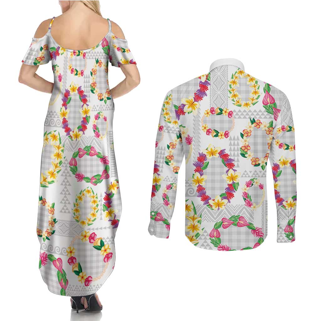 Hawaiian Kakau Tattoo Leis and Palaka Pattern Couples Matching Summer Maxi Dress and Long Sleeve Button Shirt Traditional Aloha Tribal White Color LT03 - Polynesian Pride