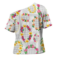 Hawaiian Kakau Tattoo Leis and Palaka Pattern Cross Shoulder Shirt Traditional Aloha Tribal White Color LT03 - Polynesian Pride