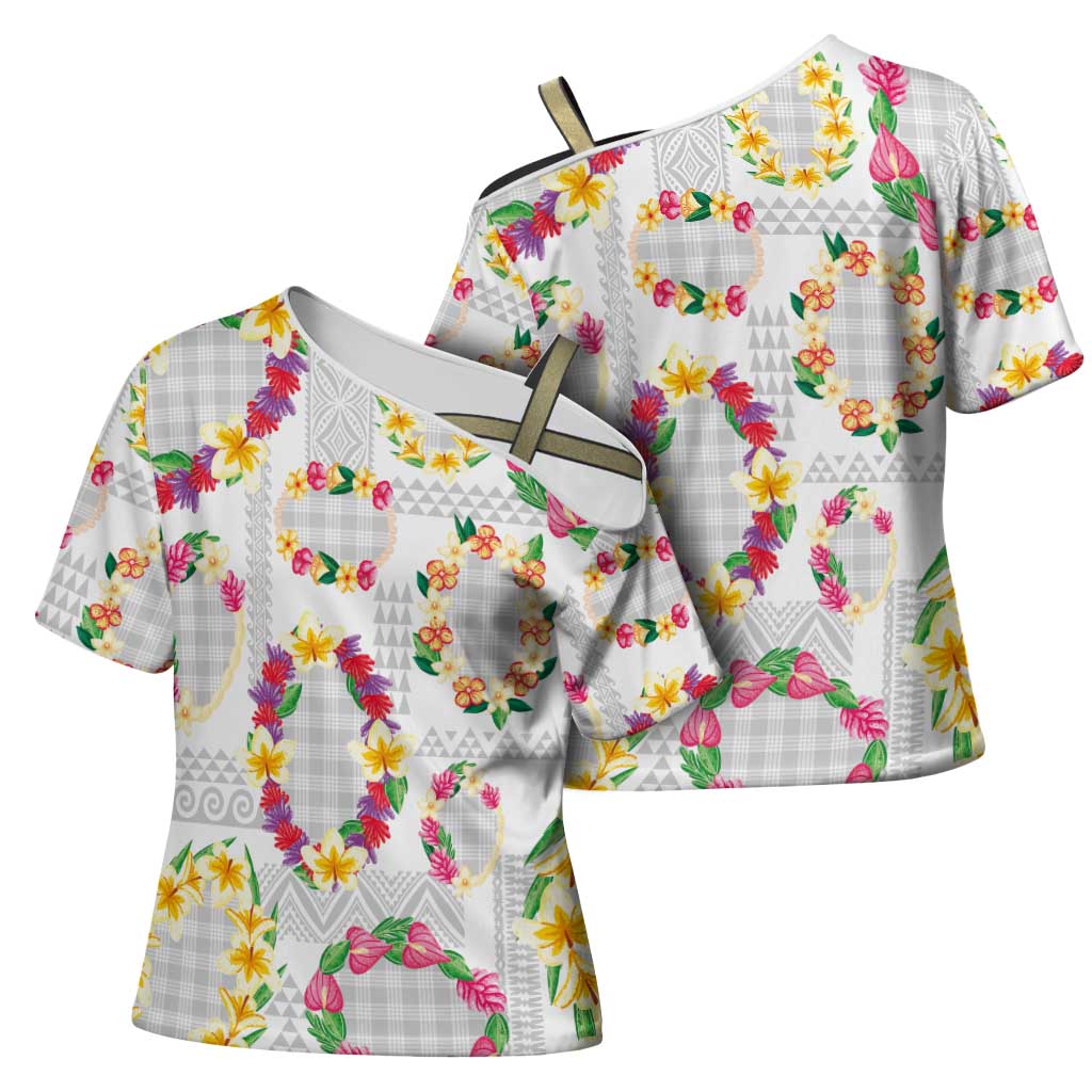 Hawaiian Kakau Tattoo Leis and Palaka Pattern Cross Shoulder Shirt Traditional Aloha Tribal White Color LT03 - Polynesian Pride