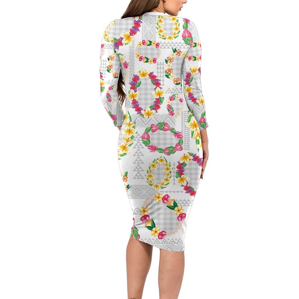 Hawaiian Kakau Tattoo Leis and Palaka Pattern Family Matching Long Sleeve Bodycon Dress and Hawaiian Shirt Traditional Aloha Tribal White Color LT03 - Polynesian Pride