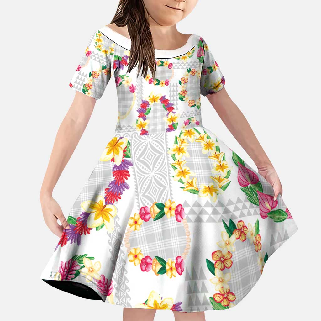 Hawaiian Kakau Tattoo Leis and Palaka Pattern Family Matching Off The Shoulder Long Sleeve Dress and Hawaiian Shirt Traditional Aloha Tribal White Color LT03 Daughter's Dress White - Polynesian Pride