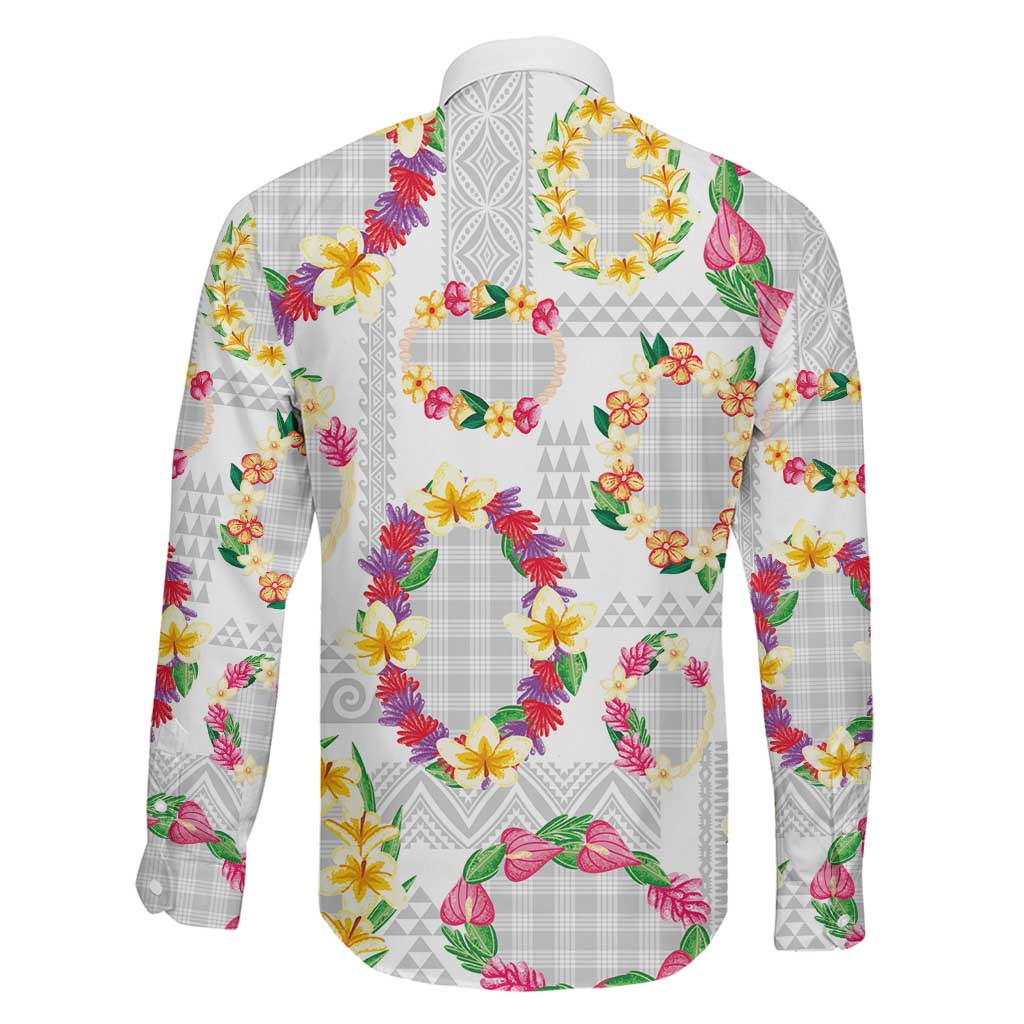 Hawaiian Kakau Tattoo Leis and Palaka Pattern Family Matching Off The Shoulder Long Sleeve Dress and Hawaiian Shirt Traditional Aloha Tribal White Color LT03 - Polynesian Pride