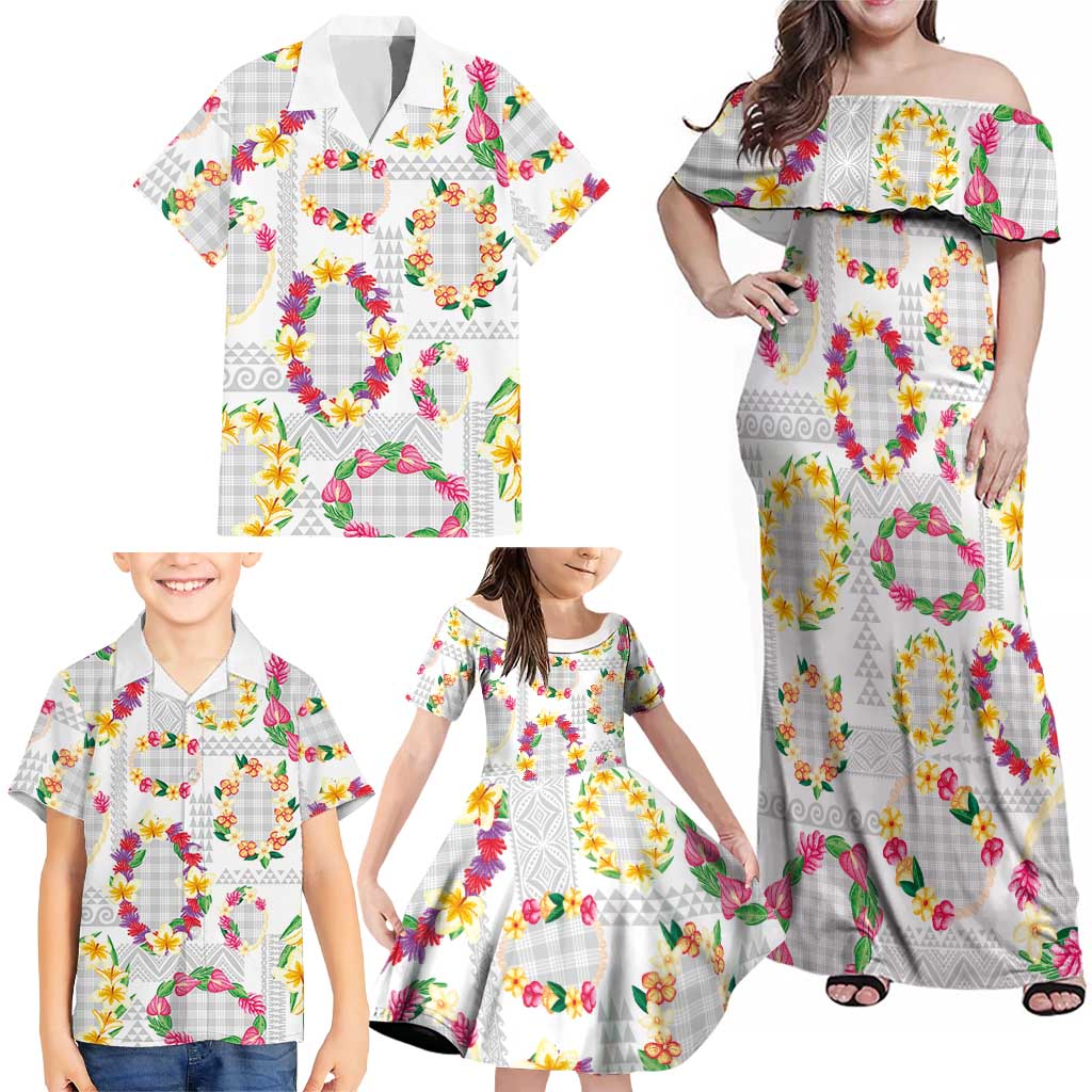 Hawaiian Kakau Tattoo Leis and Palaka Pattern Family Matching Off Shoulder Maxi Dress and Hawaiian Shirt Traditional Aloha Tribal White Color LT03 - Polynesian Pride