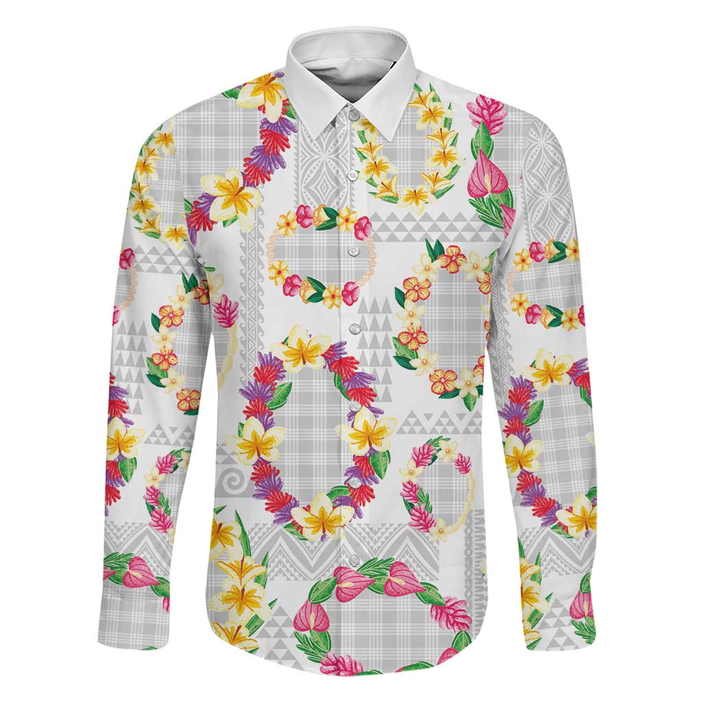 Hawaiian Kakau Tattoo Leis and Palaka Pattern Family Matching Off Shoulder Maxi Dress and Hawaiian Shirt Traditional Aloha Tribal White Color LT03 Dad's Shirt - Long Sleeve White - Polynesian Pride