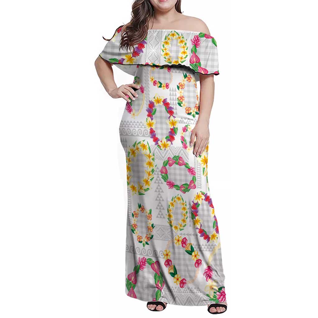 Hawaiian Kakau Tattoo Leis and Palaka Pattern Family Matching Off Shoulder Maxi Dress and Hawaiian Shirt Traditional Aloha Tribal White Color LT03 Mom's Dress White - Polynesian Pride