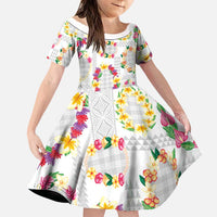 Hawaiian Kakau Tattoo Leis and Palaka Pattern Family Matching Off Shoulder Short Dress and Hawaiian Shirt Traditional Aloha Tribal White Color LT03 Daughter's Dress White - Polynesian Pride