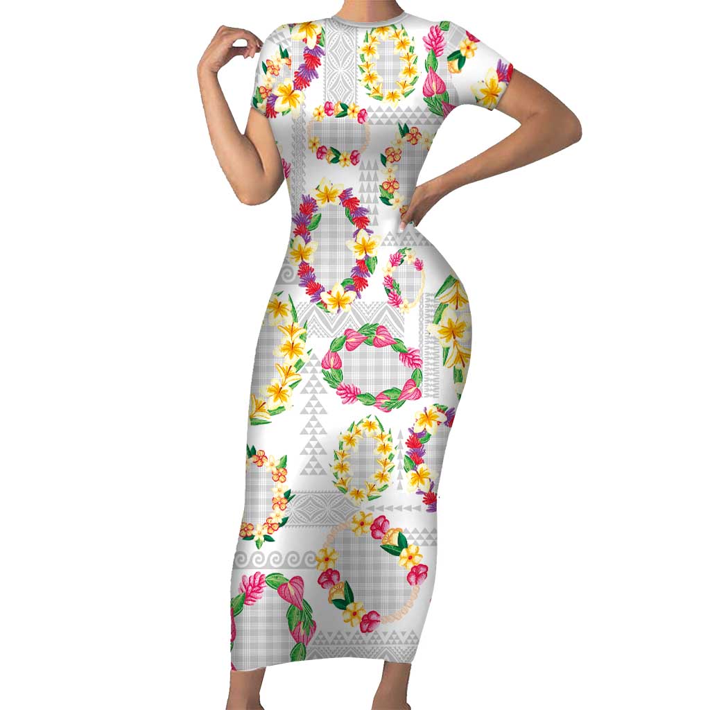 Hawaiian Kakau Tattoo Leis and Palaka Pattern Family Matching Short Sleeve Bodycon Dress and Hawaiian Shirt Traditional Aloha Tribal White Color LT03 Mom's Dress White - Polynesian Pride
