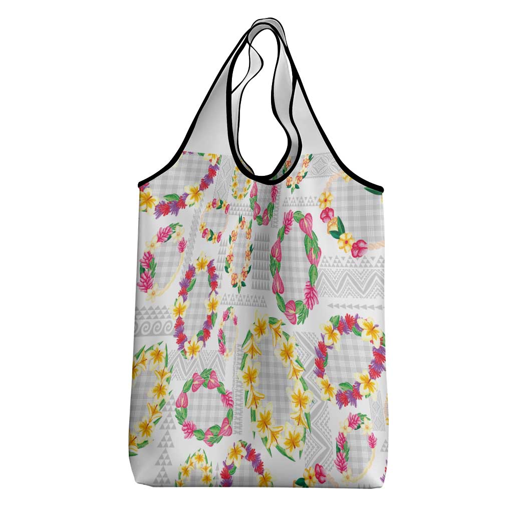 Hawaiian Kakau Tattoo Leis and Palaka Pattern Grocery Bag Traditional Aloha Tribal White Color