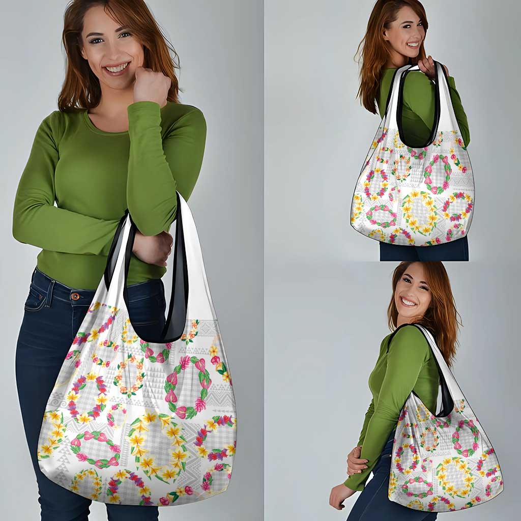 Hawaiian Kakau Tattoo Leis and Palaka Pattern Grocery Bag Traditional Aloha Tribal White Color