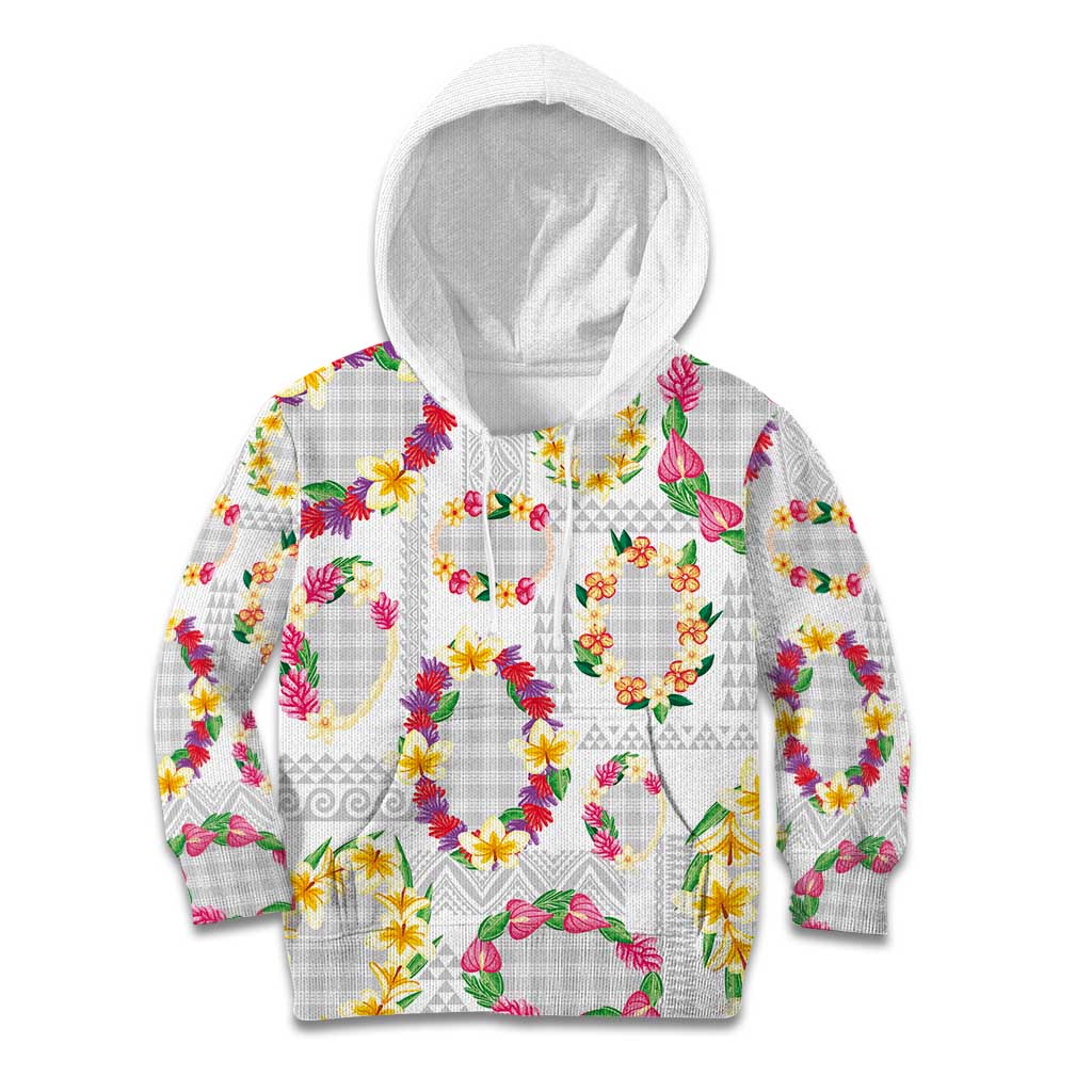 Hawaiian Kakau Tattoo Leis and Palaka Pattern Kid Hoodie Traditional Aloha Tribal White Color