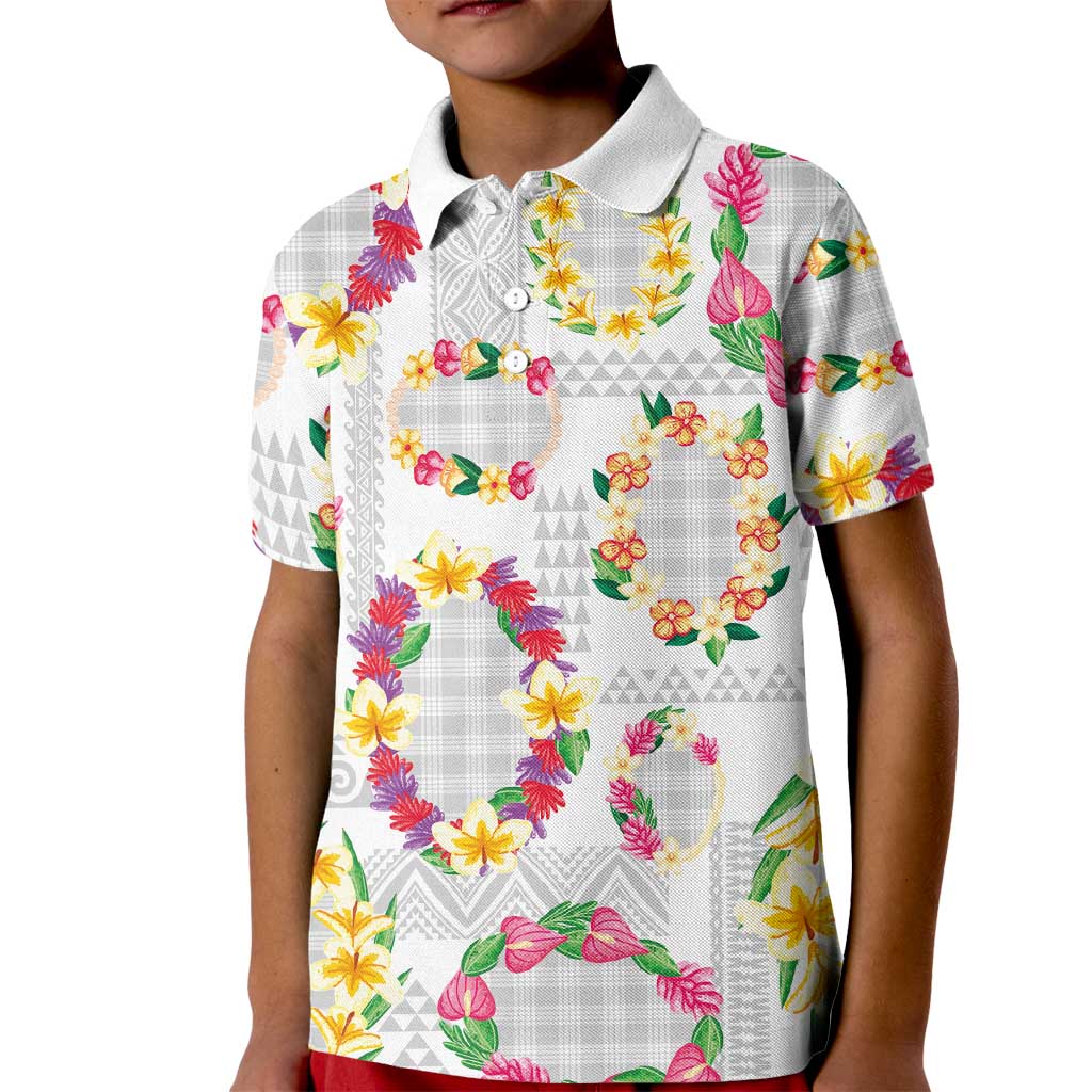 Hawaiian Kakau Tattoo Leis and Palaka Pattern Kid Polo Shirt Traditional Aloha Tribal White Color LT03 Kid White - Polynesian Pride