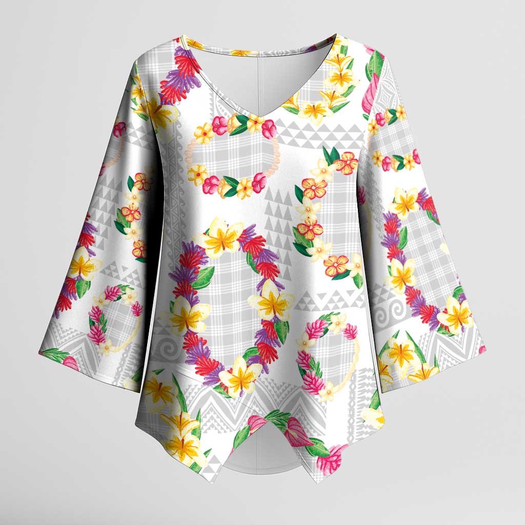 Hawaiian Kakau Tattoo Leis and Palaka Pattern Kimono Sleeve Blouse Traditional Aloha Tribal White Color