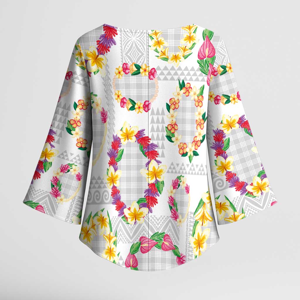 Hawaiian Kakau Tattoo Leis and Palaka Pattern Kimono Sleeve Blouse Traditional Aloha Tribal White Color
