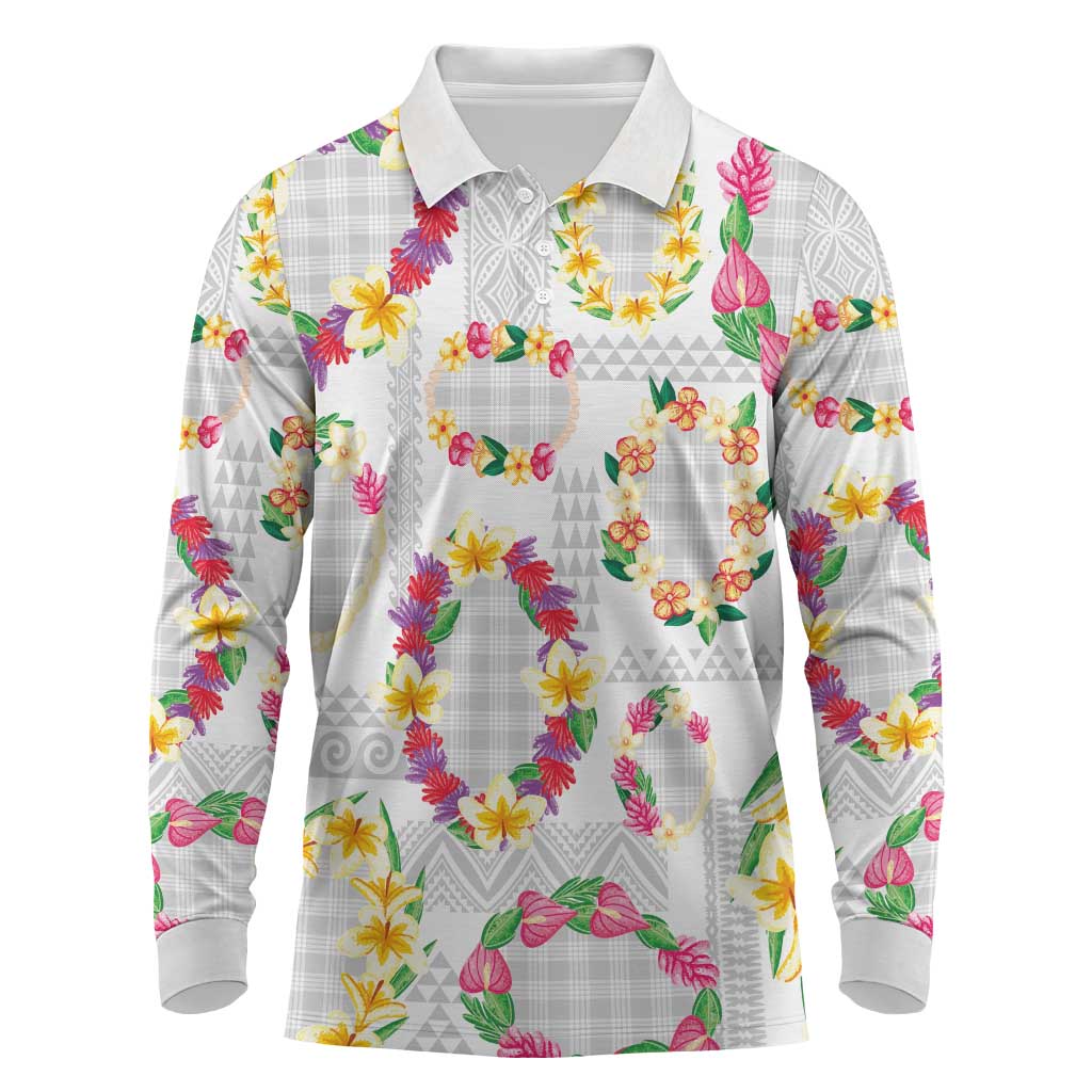 Hawaiian Kakau Tattoo Leis and Palaka Pattern Long Sleeve Polo Shirt Traditional Aloha Tribal White Color
