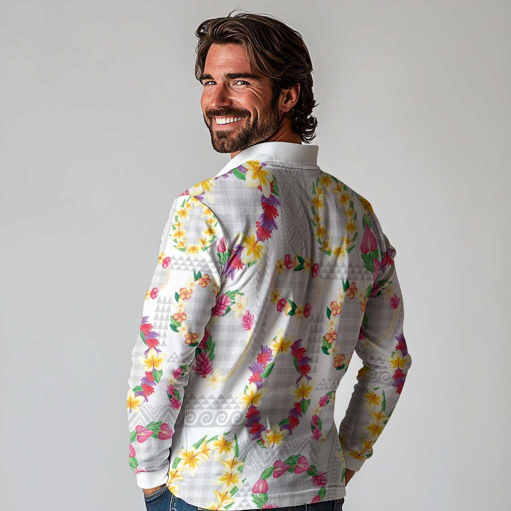 Hawaiian Kakau Tattoo Leis and Palaka Pattern Long Sleeve Polo Shirt Traditional Aloha Tribal White Color LT03 - Polynesian Pride