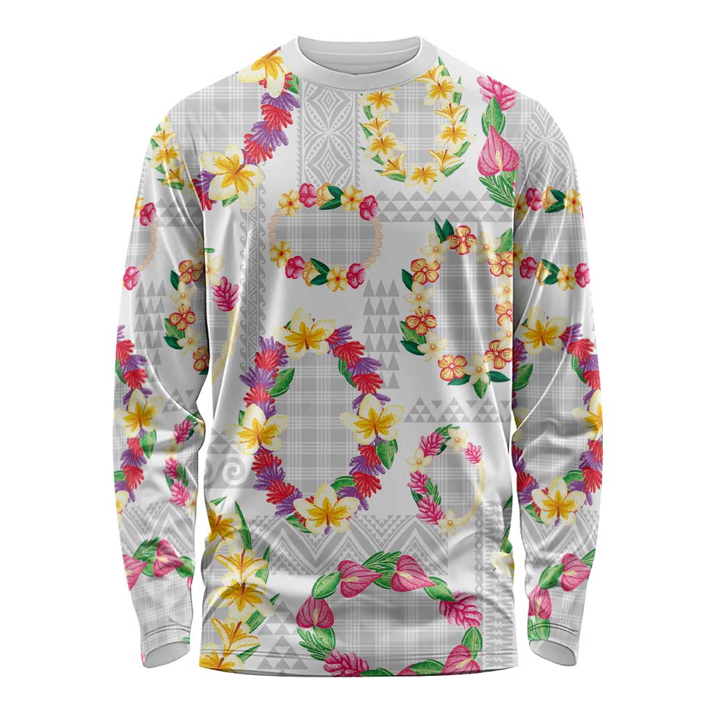 Hawaiian Kakau Tattoo Leis and Palaka Pattern Long Sleeve Shirt Traditional Aloha Tribal White Color