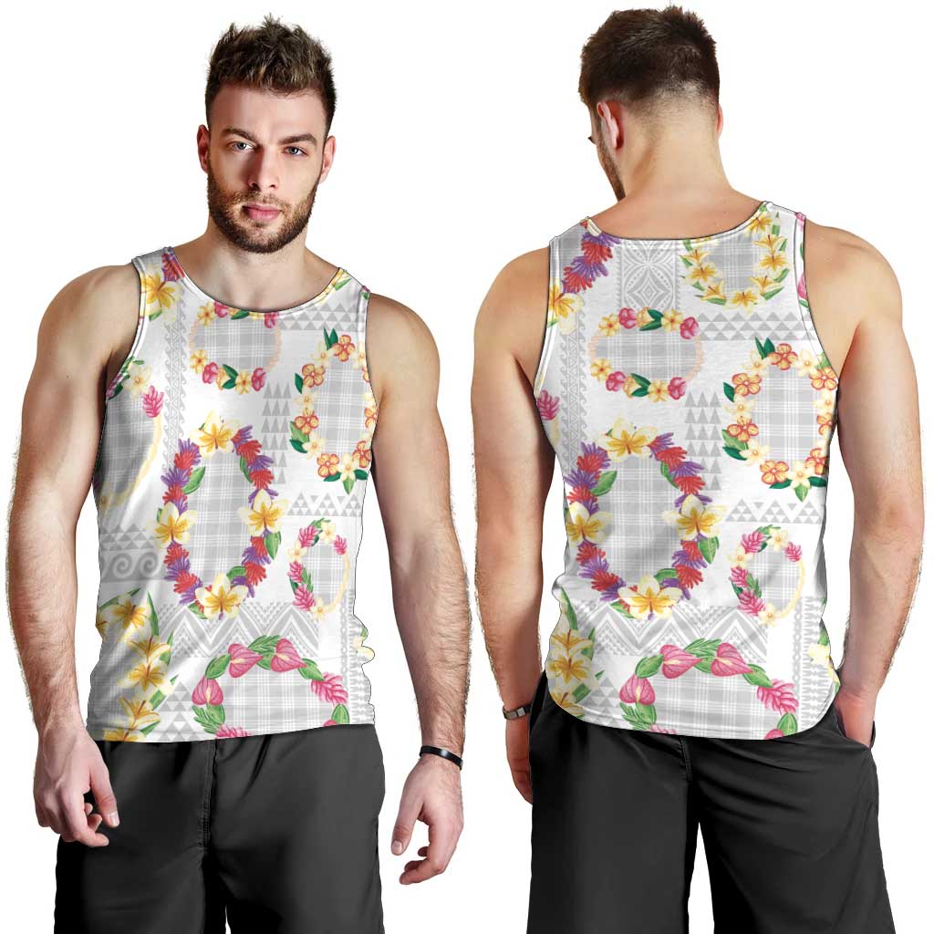 Hawaiian Kakau Tattoo Leis and Palaka Pattern Men Tank Top Traditional Aloha Tribal White Color