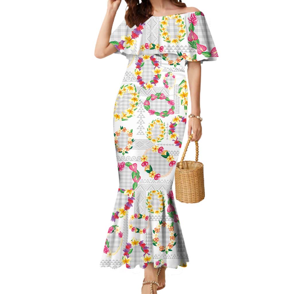 Hawaiian Kakau Tattoo Leis and Palaka Pattern Mermaid Dress Traditional Aloha Tribal White Color