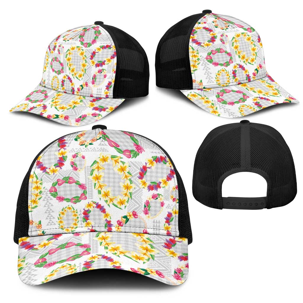 Hawaiian Kakau Tattoo Leis and Palaka Pattern Mesh Trucker Cap Traditional Aloha Tribal White Color