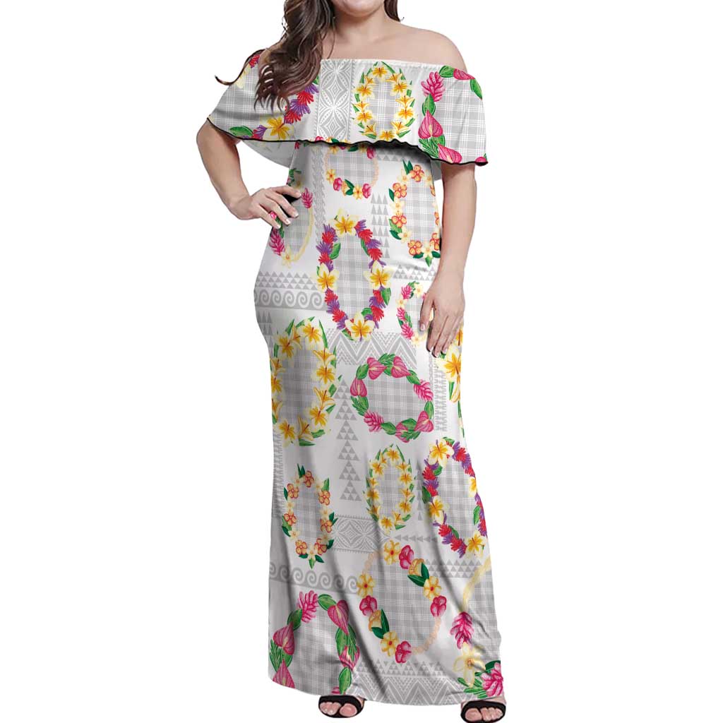 Hawaiian Kakau Tattoo Leis and Palaka Pattern Off Shoulder Maxi Dress Traditional Aloha Tribal White Color LT03 Women White - Polynesian Pride