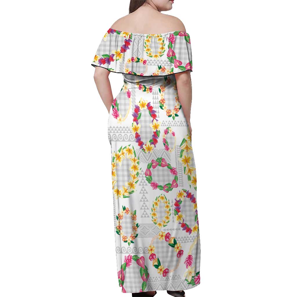 Hawaiian Kakau Tattoo Leis and Palaka Pattern Off Shoulder Maxi Dress Traditional Aloha Tribal White Color LT03 - Polynesian Pride