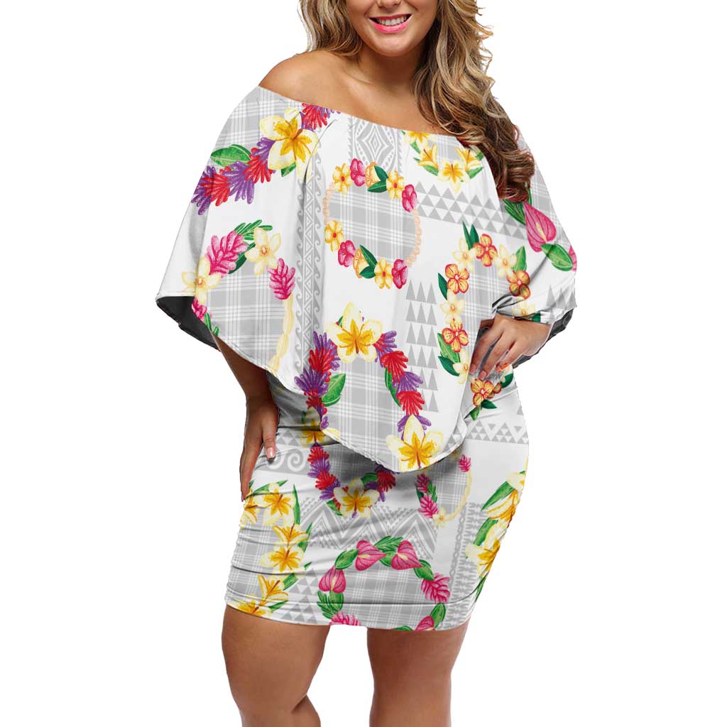 Hawaiian Kakau Tattoo Leis and Palaka Pattern Off Shoulder Short Dress Traditional Aloha Tribal White Color LT03 Women White - Polynesian Pride