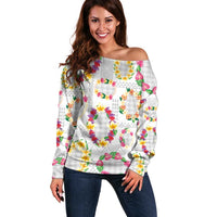 Hawaiian Kakau Tattoo Leis and Palaka Pattern Off Shoulder Sweater Traditional Aloha Tribal White Color