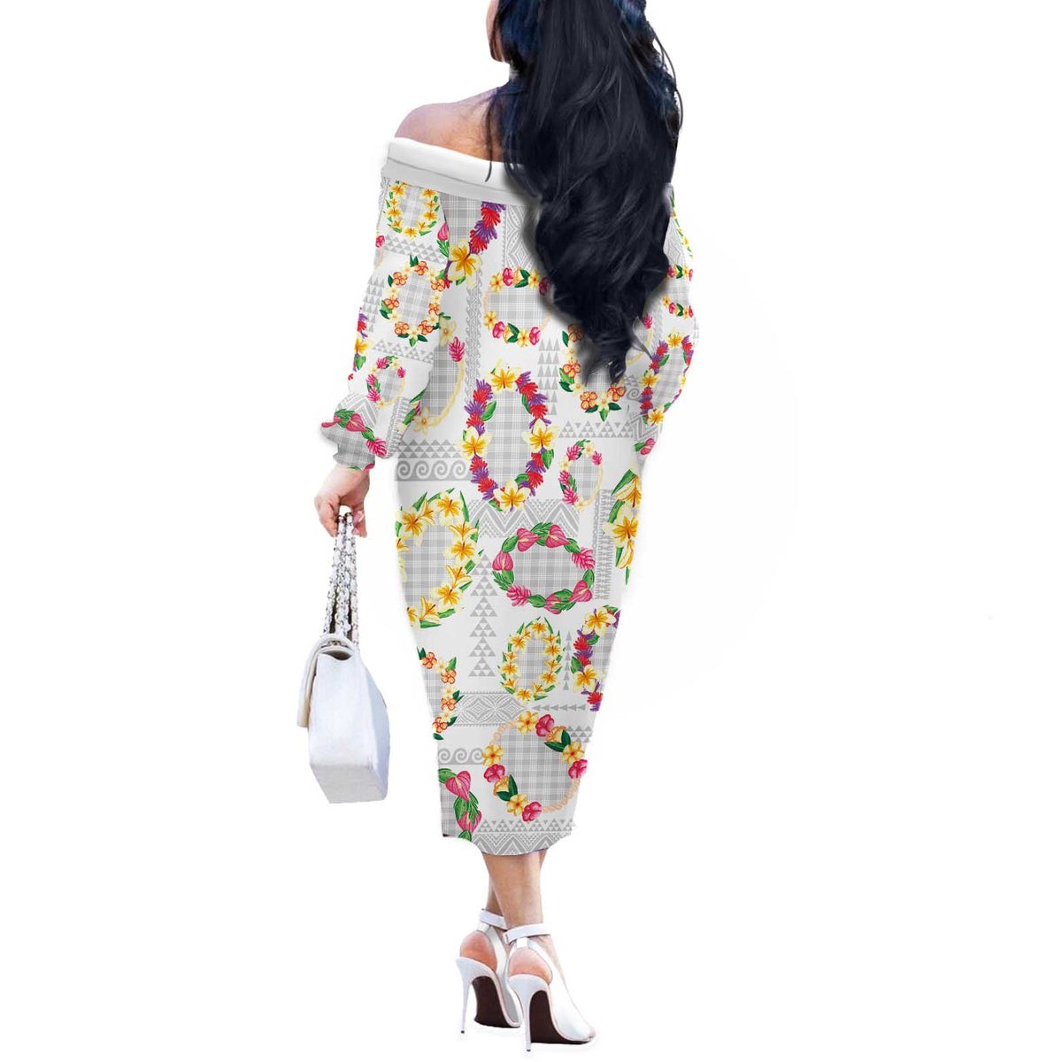 Hawaiian Kakau Tattoo Leis and Palaka Pattern Off The Shoulder Long Sleeve Dress Traditional Aloha Tribal White Color LT03 - Polynesian Pride