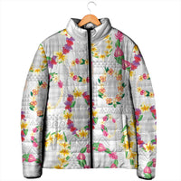 Hawaiian Kakau Tattoo Leis and Palaka Pattern Padded Jacket Traditional Aloha Tribal White Color
