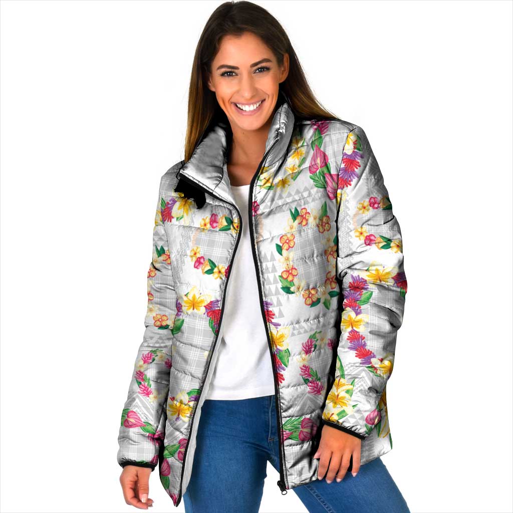 Hawaiian Kakau Tattoo Leis and Palaka Pattern Padded Jacket Traditional Aloha Tribal White Color