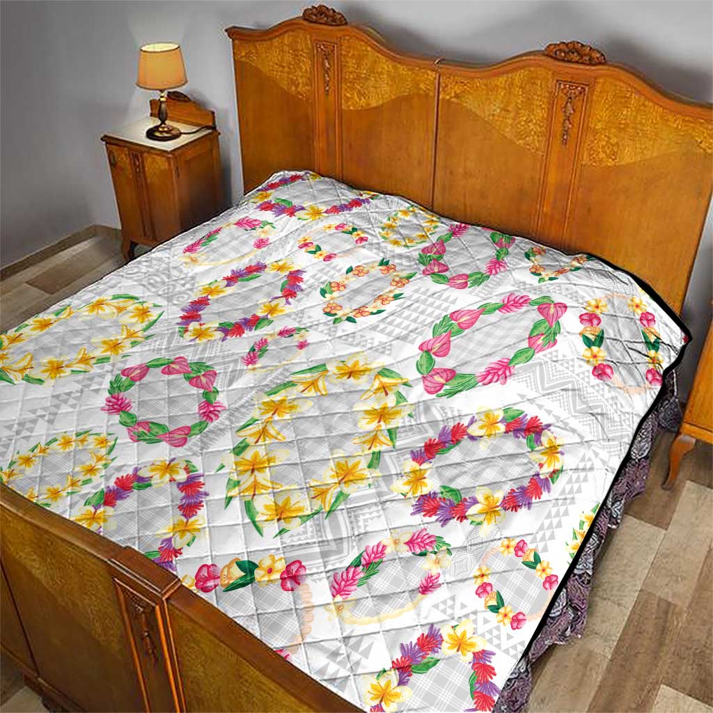 Hawaiian Kakau Tattoo Leis and Palaka Pattern Quilt Traditional Aloha Tribal White Color