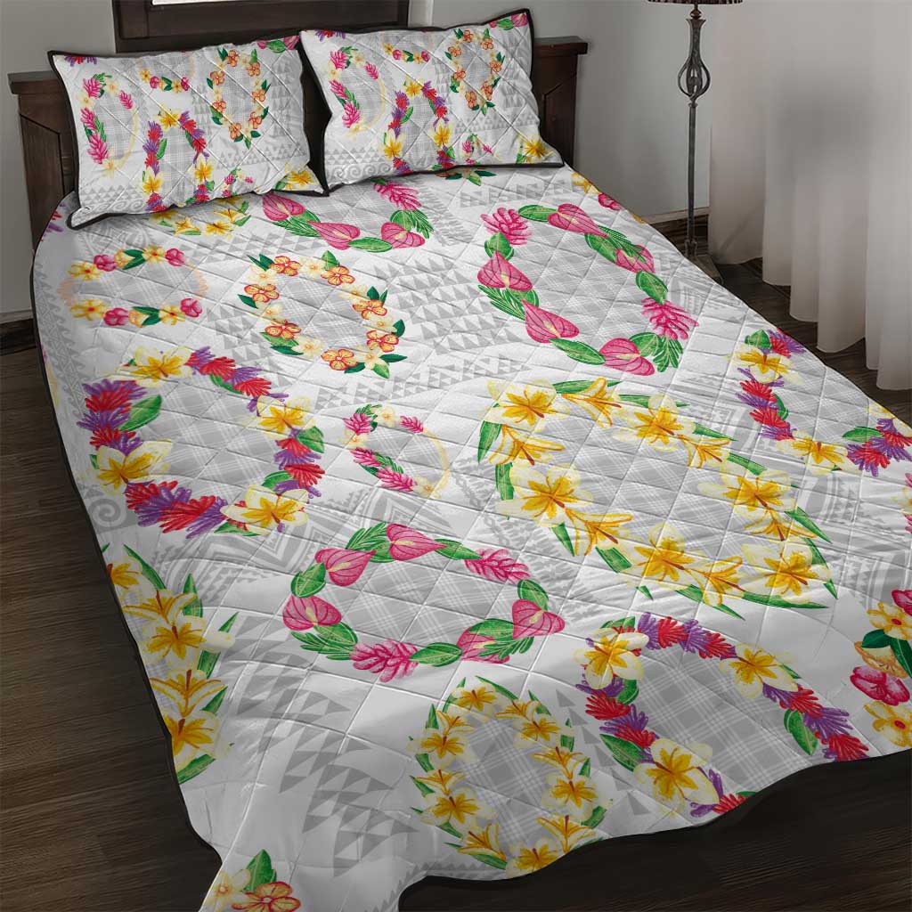 Hawaiian Kakau Tattoo Leis and Palaka Pattern Quilt Bed Set Traditional Aloha Tribal White Color