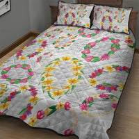 Hawaiian Kakau Tattoo Leis and Palaka Pattern Quilt Bed Set Traditional Aloha Tribal White Color