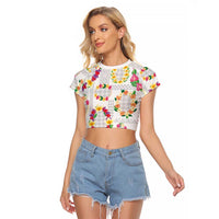 Hawaiian Kakau Tattoo Leis and Palaka Pattern Raglan Cropped T Shirt Traditional Aloha Tribal White Color LT03 Female White - Polynesian Pride