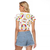 Hawaiian Kakau Tattoo Leis and Palaka Pattern Raglan Cropped T Shirt Traditional Aloha Tribal White Color LT03 - Polynesian Pride