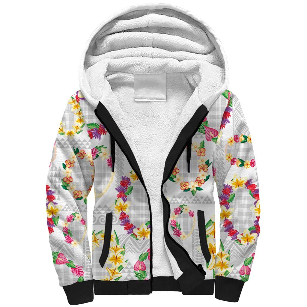 Hawaiian Kakau Tattoo Leis and Palaka Pattern Sherpa Hoodie Traditional Aloha Tribal White Color LT03 Unisex White - Polynesian Pride