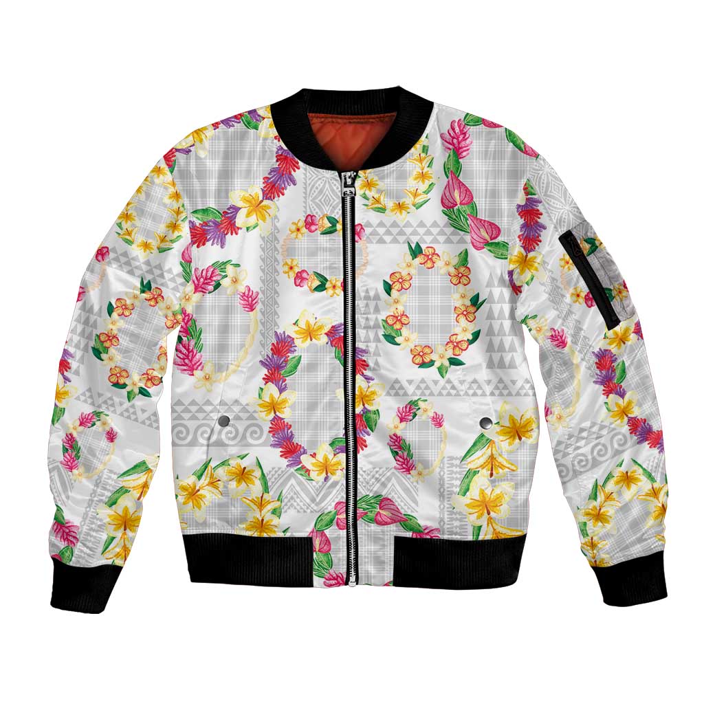 Hawaiian Kakau Tattoo Leis and Palaka Pattern Sleeve Zip Bomber Jacket Traditional Aloha Tribal White Color