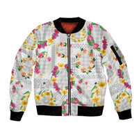 Hawaiian Kakau Tattoo Leis and Palaka Pattern Sleeve Zip Bomber Jacket Traditional Aloha Tribal White Color