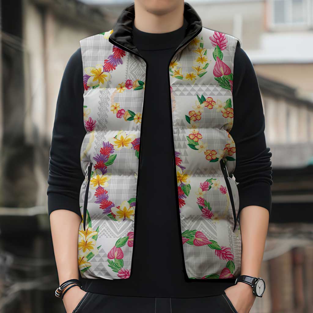Hawaiian Kakau Tattoo Leis and Palaka Pattern Sleeveless Puffer Jacket Traditional Aloha Tribal White Color
