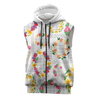 Hawaiian Kakau Tattoo Leis and Palaka Pattern Sleeveless Zip Hoodie Traditional Aloha Tribal White Color LT03 White - Polynesian Pride