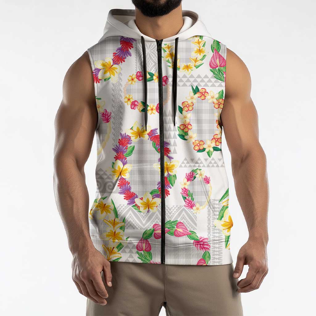 Hawaiian Kakau Tattoo Leis and Palaka Pattern Sleeveless Zip Hoodie Traditional Aloha Tribal White Color LT03 - Polynesian Pride