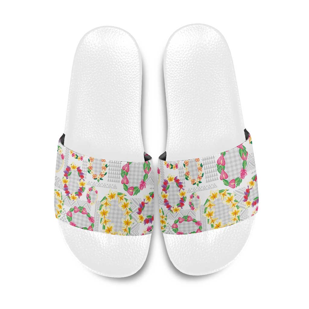 Hawaiian Kakau Tattoo Leis and Palaka Pattern Slide Sandals Traditional Aloha Tribal White Color