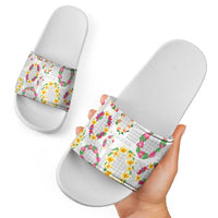 Hawaiian Kakau Tattoo Leis and Palaka Pattern Slide Sandals Traditional Aloha Tribal White Color