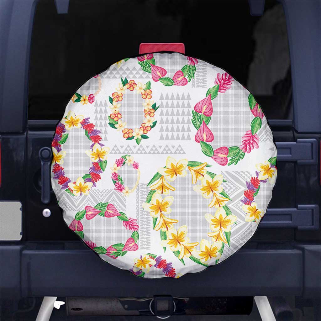 Hawaiian Kakau Tattoo Leis and Palaka Pattern Spare Tire Cover Traditional Aloha Tribal White Color